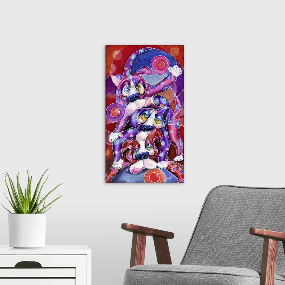 A modern room featuring Contemporary artwork in the style of cubism of three dogs in bold colors.