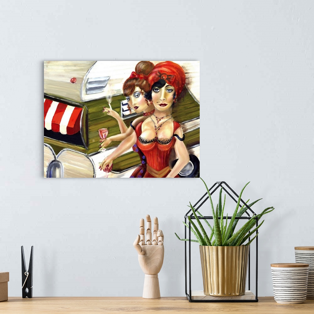 A bohemian room featuring Contemporary painting of two woman smoking in front of a trailer.