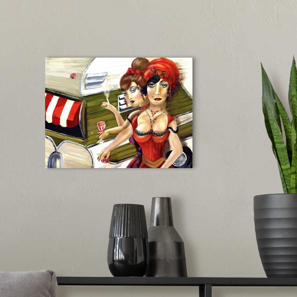 A modern room featuring Contemporary painting of two woman smoking in front of a trailer.