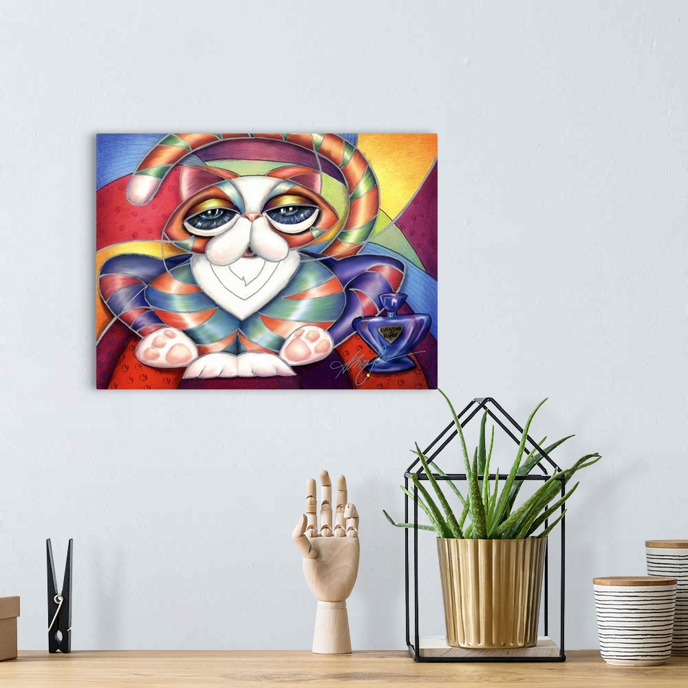A bohemian room featuring Contemporary horizontal artwork in the style of cubism of a relaxing kitty and perfume bottle in ...