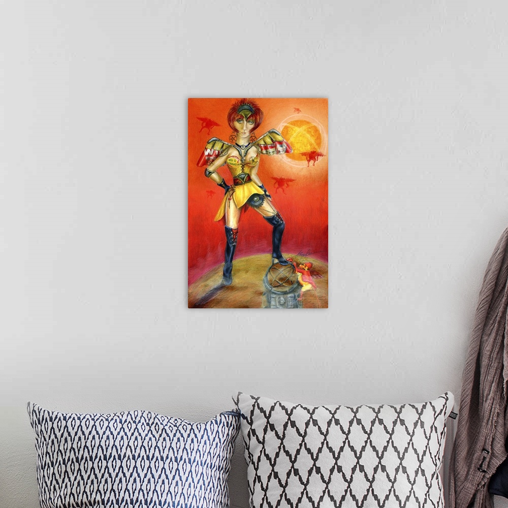 A bohemian room featuring An abstract painting of a woman in yellow in a mystical scene.