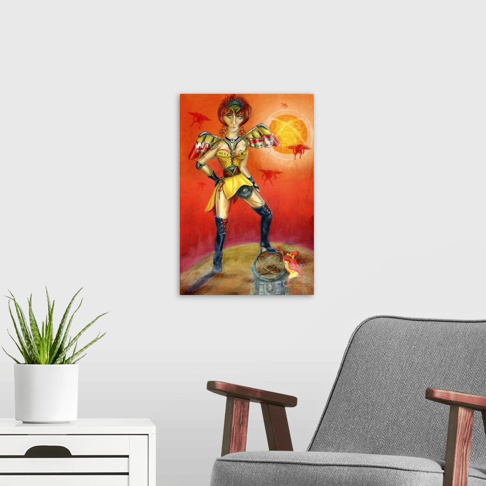 A modern room featuring An abstract painting of a woman in yellow in a mystical scene.