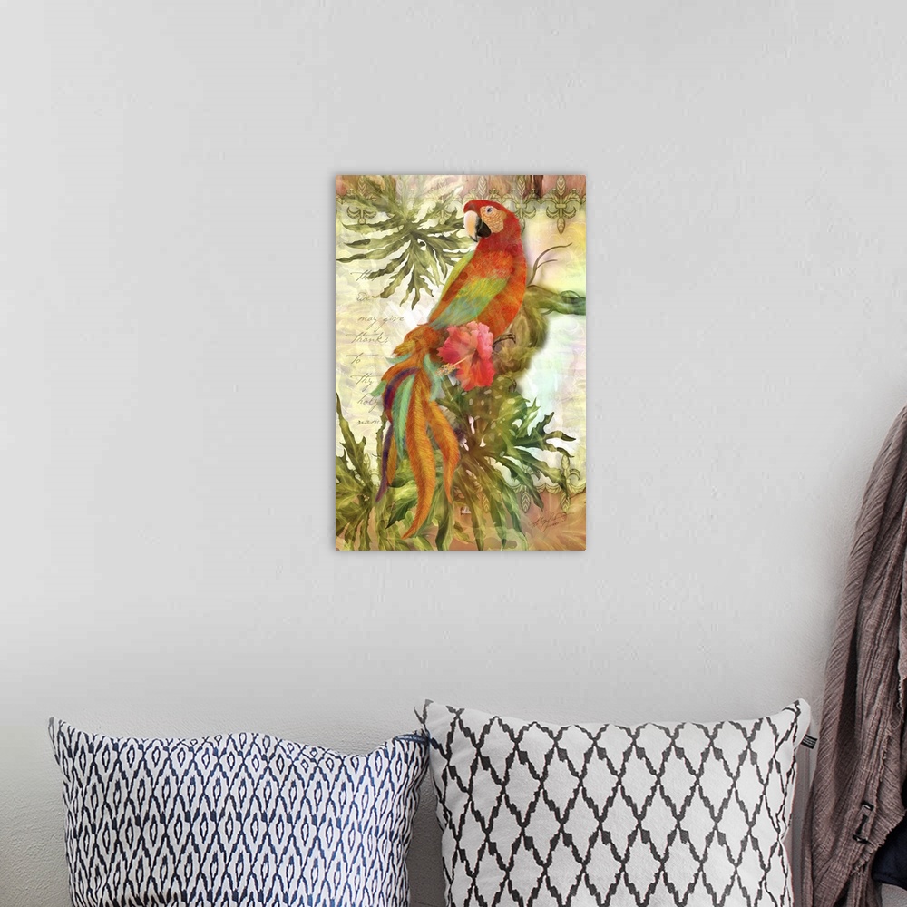 A bohemian room featuring Contemporary painting of a colorful parrot on a branch.