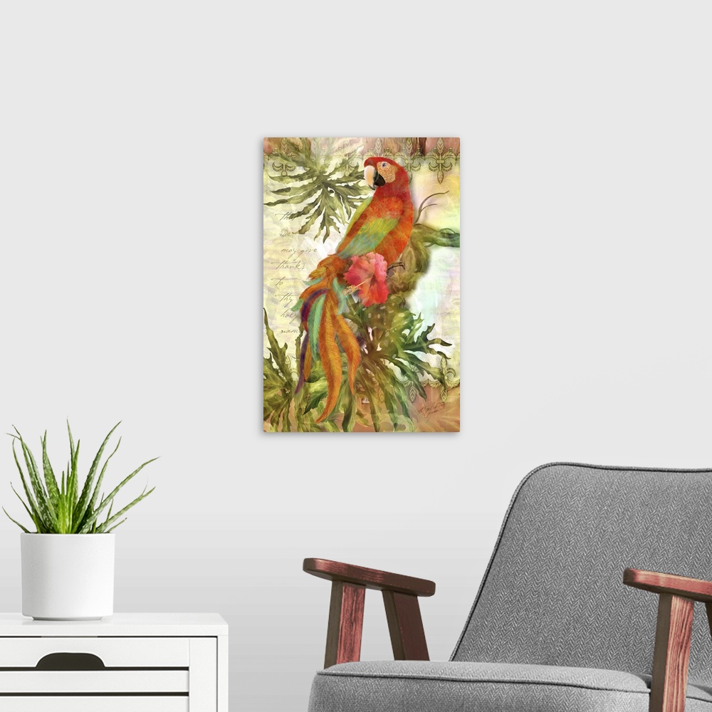 A modern room featuring Contemporary painting of a colorful parrot on a branch.