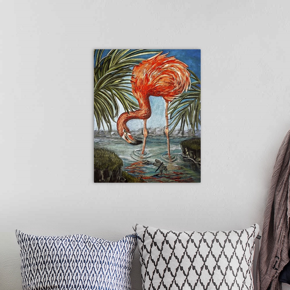 A bohemian room featuring Vertical contemporary painting of a flamingo wading in the water.