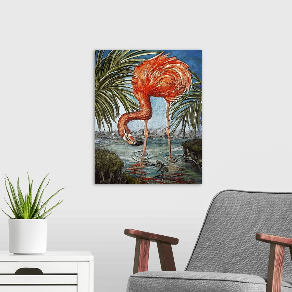 A modern room featuring Vertical contemporary painting of a flamingo wading in the water.