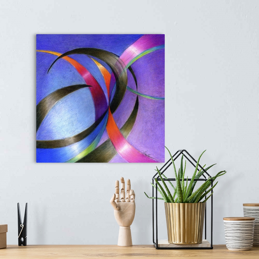 A bohemian room featuring Abstract painting of vibrant colored curved shapes.