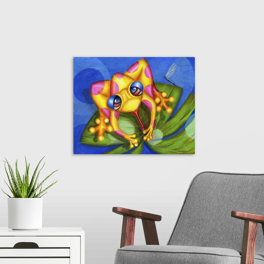 A modern room featuring Horizontal contemporary painting of a yellow frog on a lily pad.