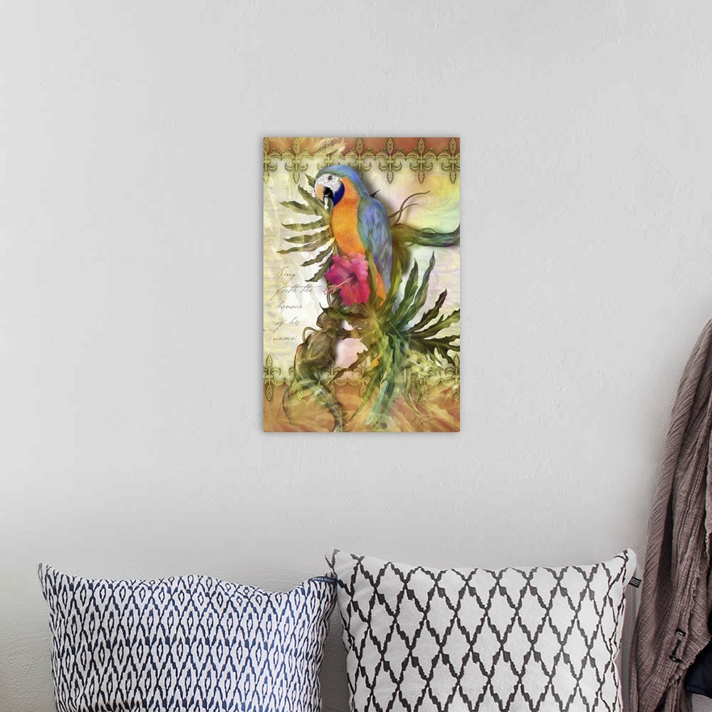A bohemian room featuring Contemporary painting of a colorful macaw on a branch.