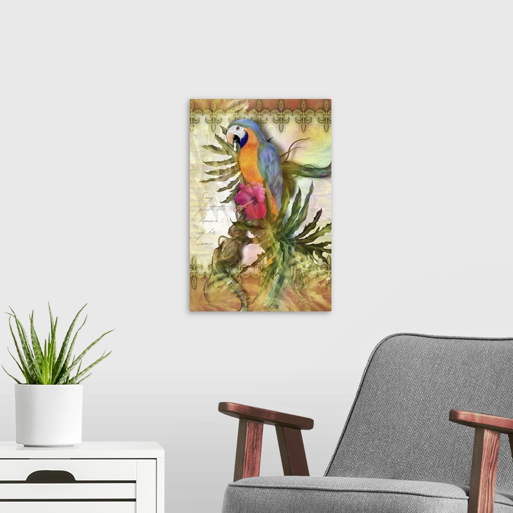 A modern room featuring Contemporary painting of a colorful macaw on a branch.
