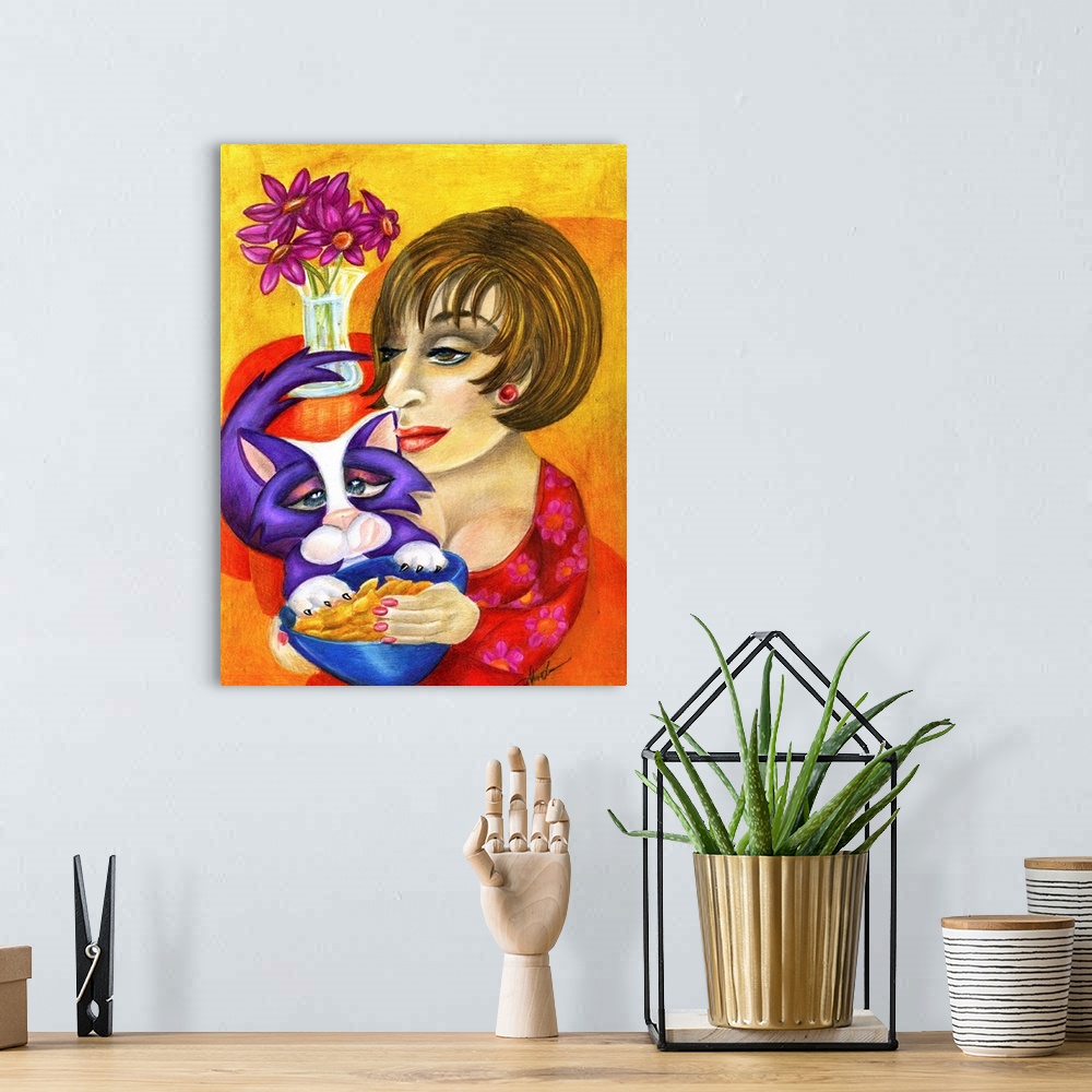 A bohemian room featuring Contemporary artwork in the style of cubism of a woman with a cat in bold colors.