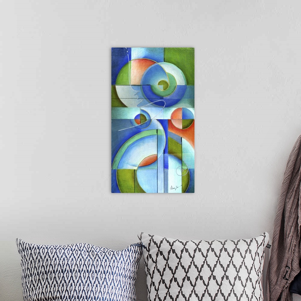 A bohemian room featuring Vertical abstract painting of vibrant colored shapes in circles and triangles.