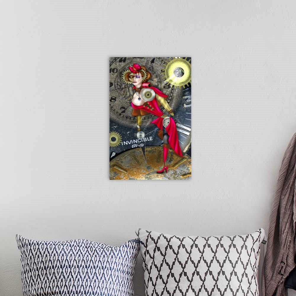 A bohemian room featuring An abstract painting of a woman in red in front of a clock.