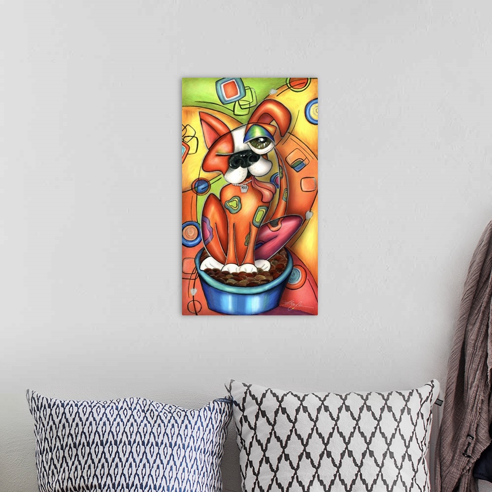 A bohemian room featuring Vertical contemporary artwork in the style of cubism of a dog sitting in a bowl of food in bold c...