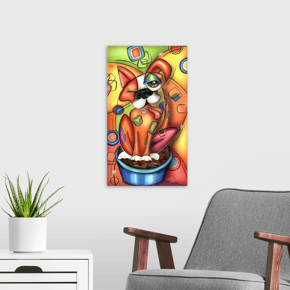 A modern room featuring Vertical contemporary artwork in the style of cubism of a dog sitting in a bowl of food in bold c...