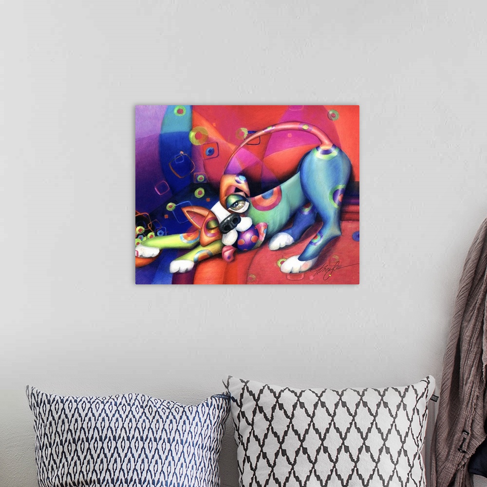 A bohemian room featuring Contemporary artwork in the style of cubism of a stretching dog with a ball in bold colors.