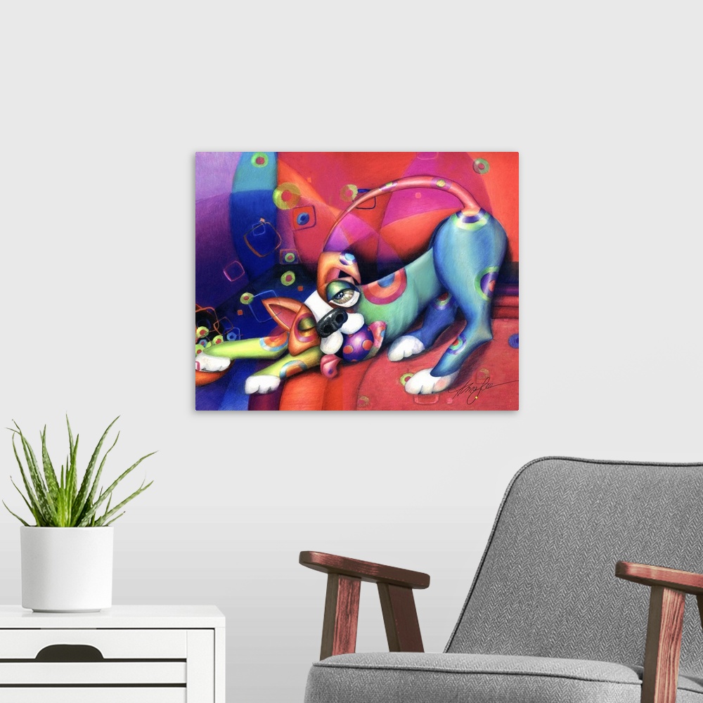 A modern room featuring Contemporary artwork in the style of cubism of a stretching dog with a ball in bold colors.