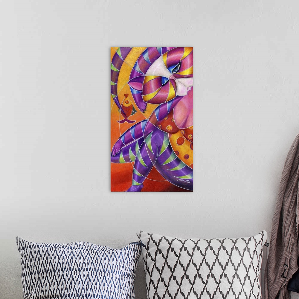 A bohemian room featuring Vertical contemporary artwork in the style of cubism of a cat with a fish in bold colors.