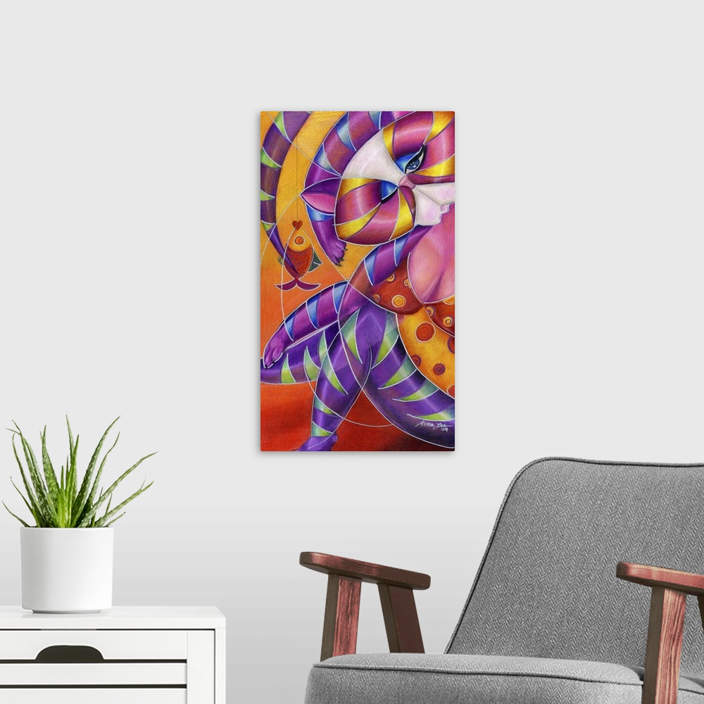 A modern room featuring Vertical contemporary artwork in the style of cubism of a cat with a fish in bold colors.