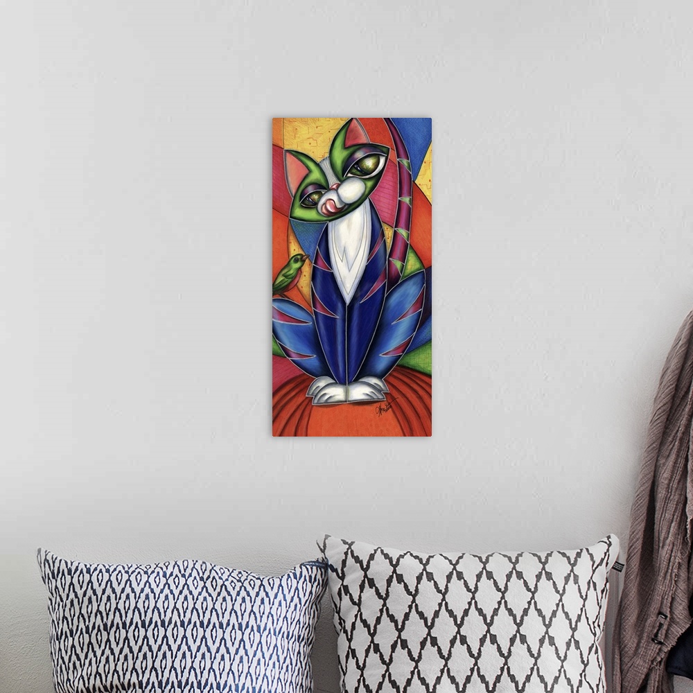 A bohemian room featuring Contemporary artwork in the style of cubism of a cat with a bird perched on her leg.