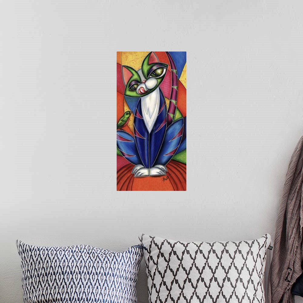 A bohemian room featuring Contemporary artwork in the style of cubism of a cat with a bird perched on her leg.