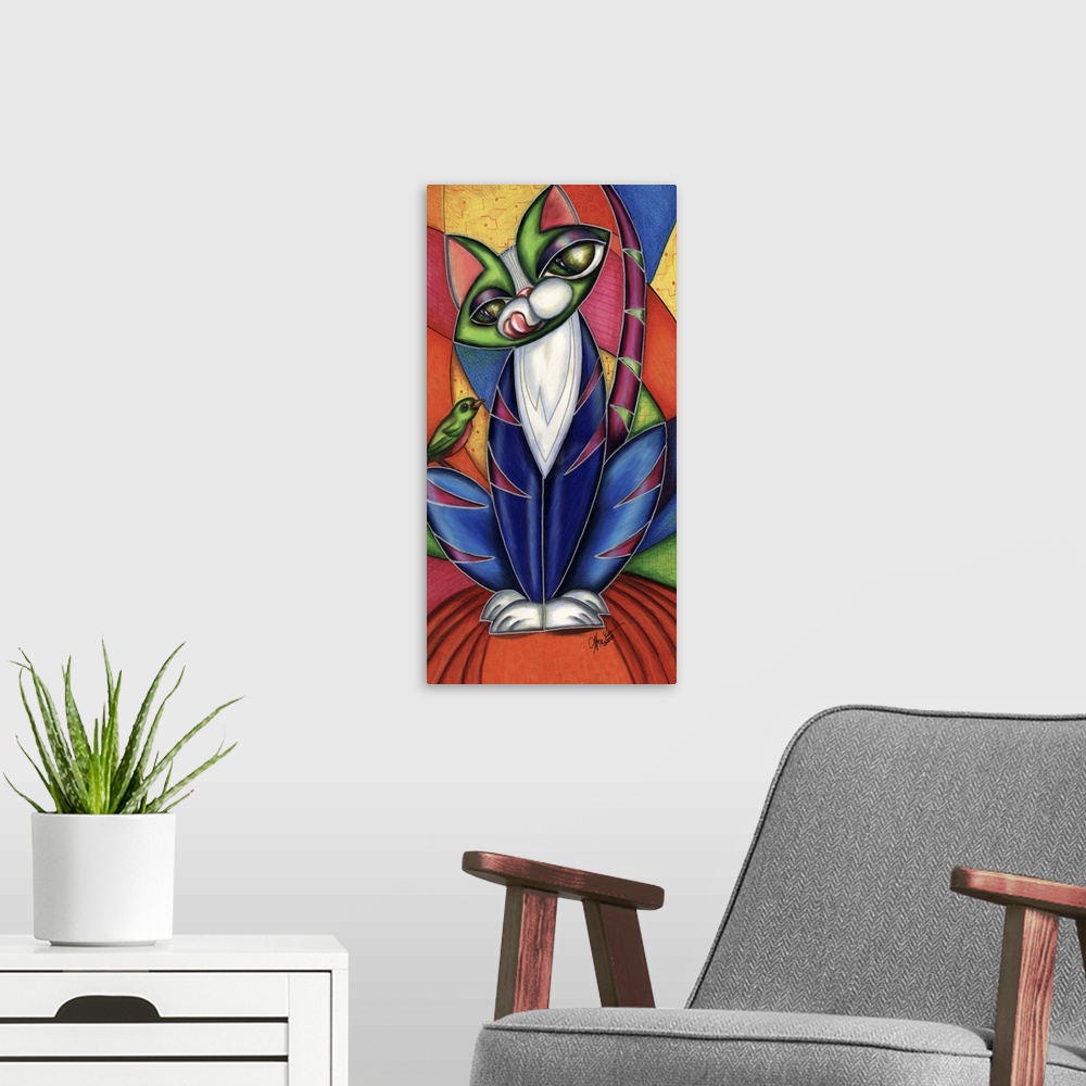 A modern room featuring Contemporary artwork in the style of cubism of a cat with a bird perched on her leg.