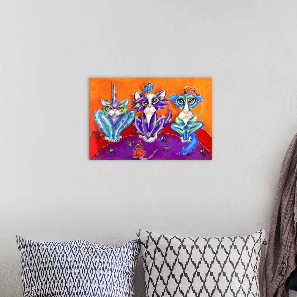 A bohemian room featuring Contemporary artwork in the style of cubism of three cats in bold colors.