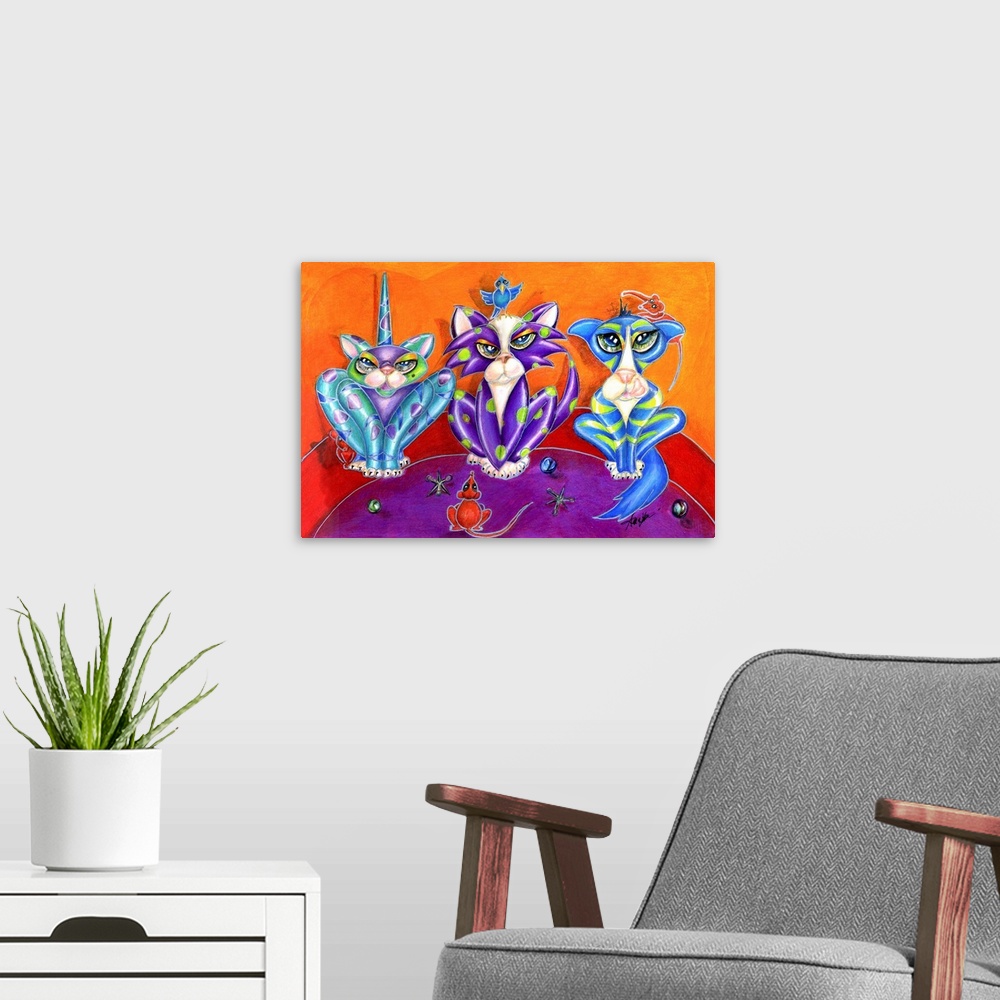 A modern room featuring Contemporary artwork in the style of cubism of three cats in bold colors.