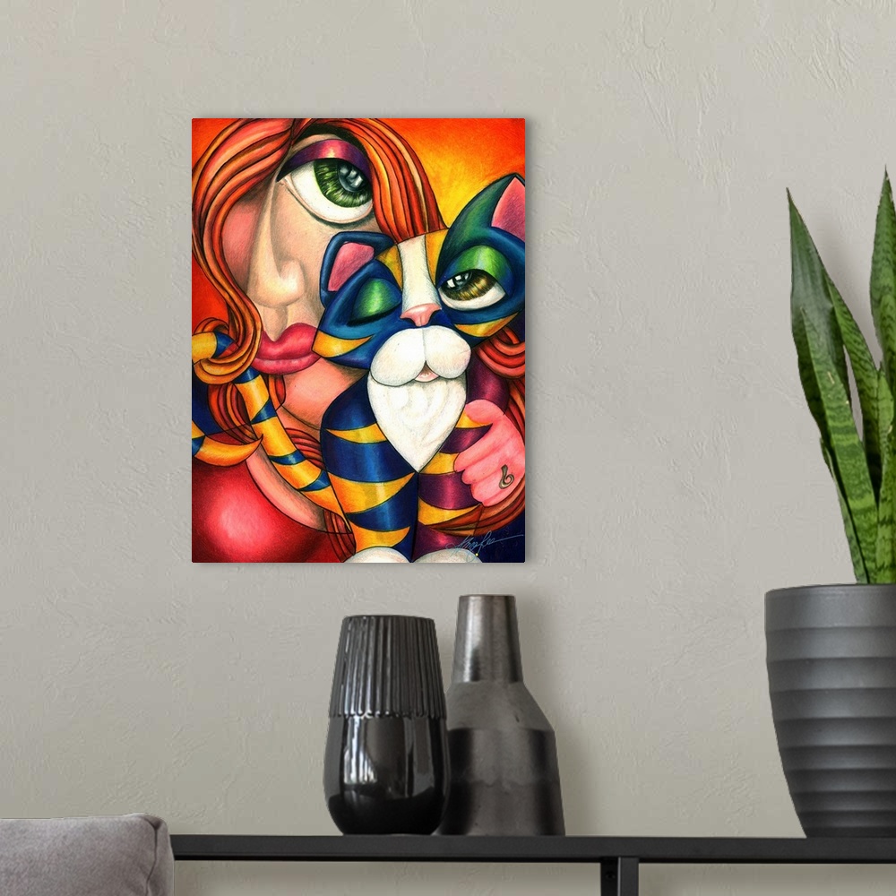 A modern room featuring Contemporary artwork in the style of cubism of a female holding a cat in bold colors.