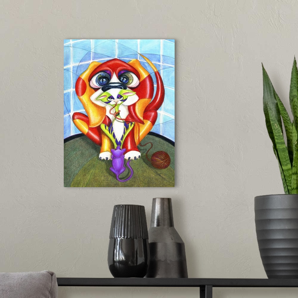 A modern room featuring Contemporary artwork in the style of cubism of a cat and dog in bold colors.