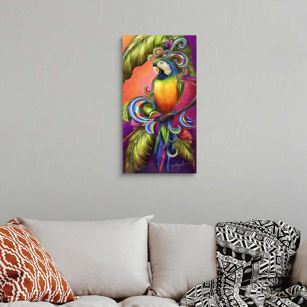 A bohemian room featuring A colorful vertical painting of a parrot perched on a tree branch against a vibrant background.