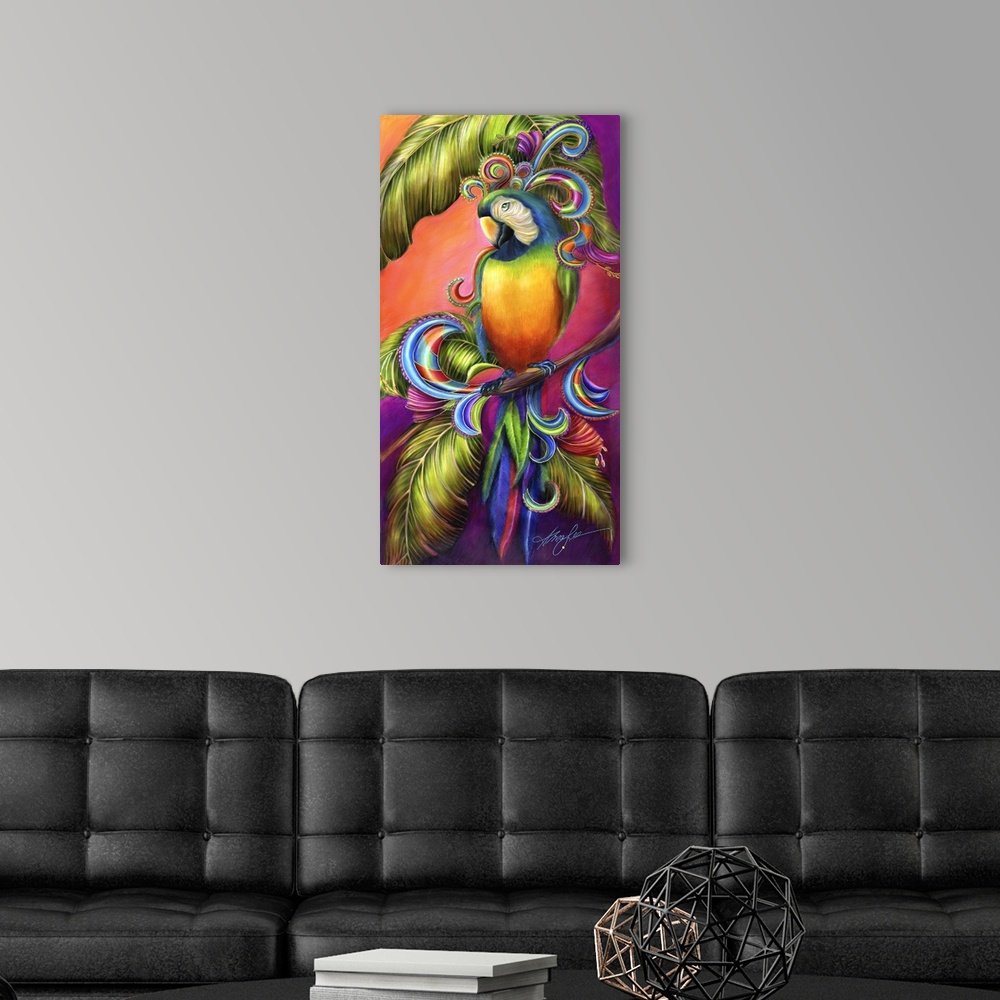 A modern room featuring A colorful vertical painting of a parrot perched on a tree branch against a vibrant background.
