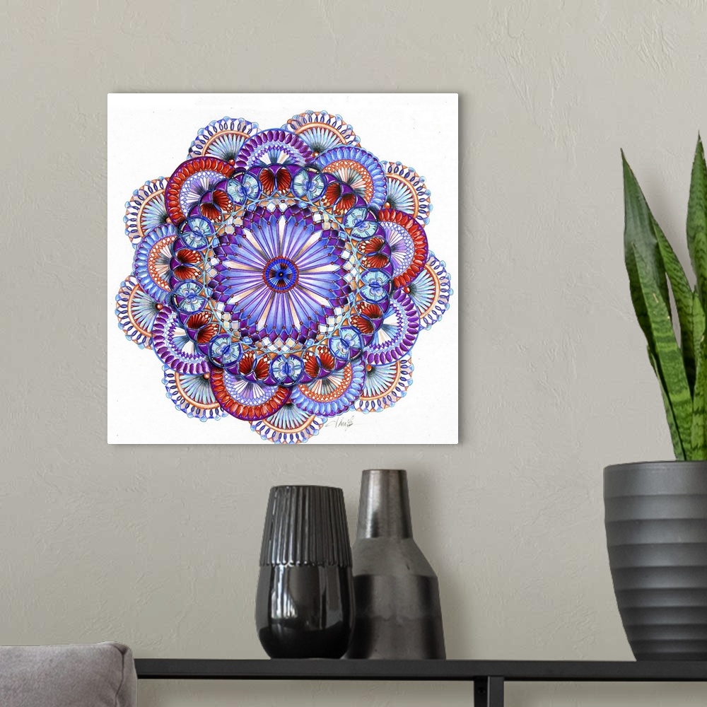 A modern room featuring A colorful square spiral graph in a floral shape in colors of red and blue.