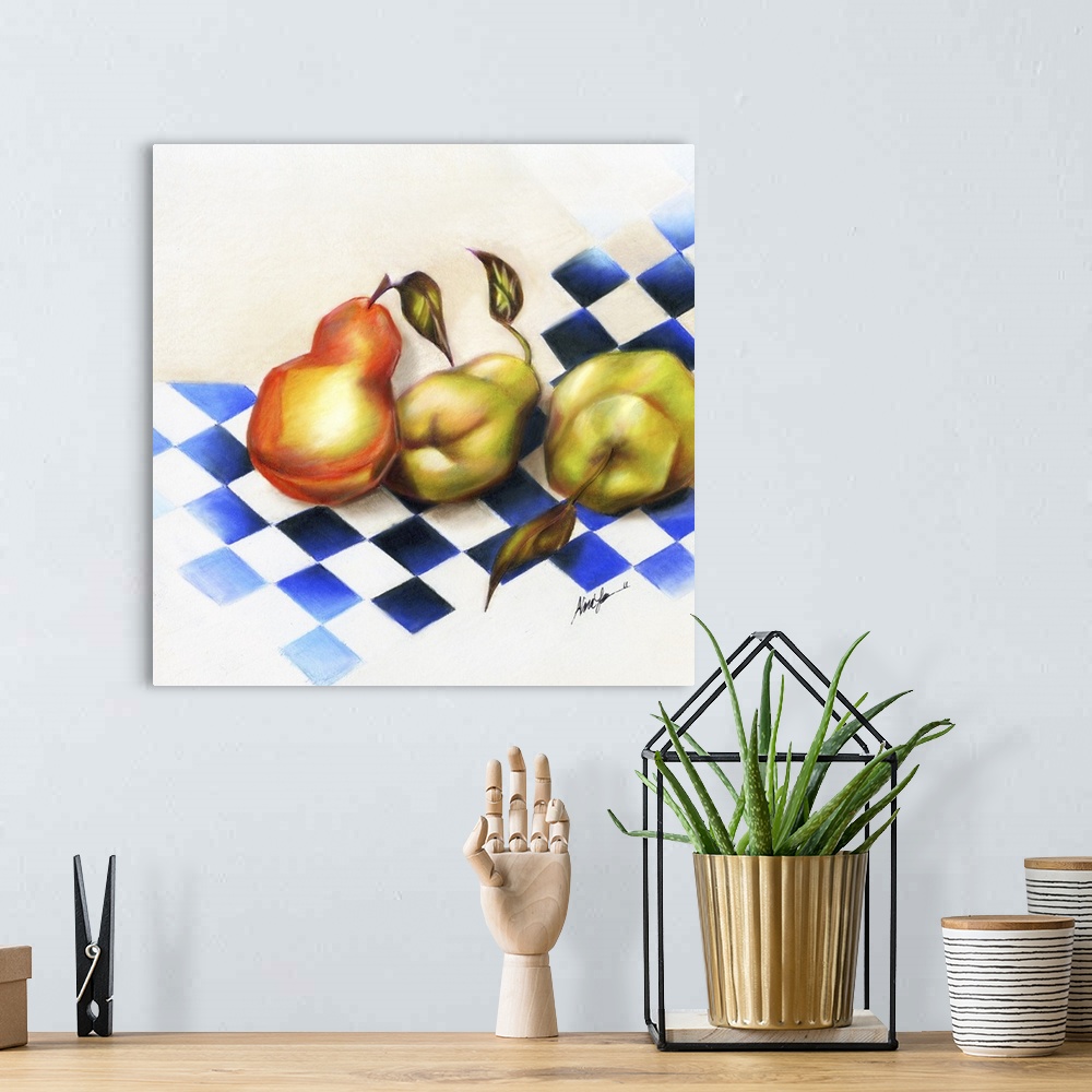 A bohemian room featuring Still life painting of three pears on a blue and white checkered background.