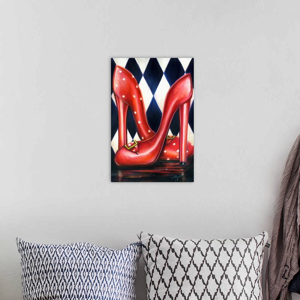 A bohemian room featuring A vertical contemporary painting of a pair of red heels against a diamond checkered background.