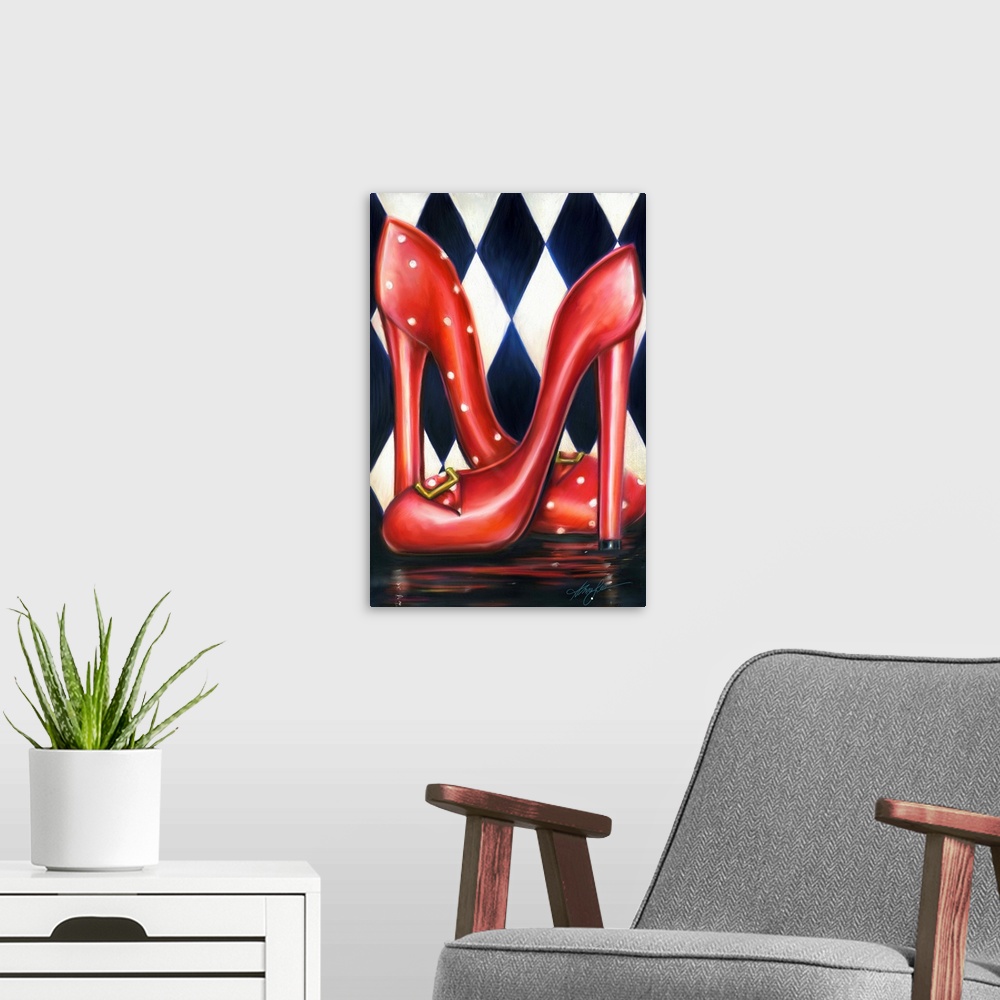 A modern room featuring A vertical contemporary painting of a pair of red heels against a diamond checkered background.