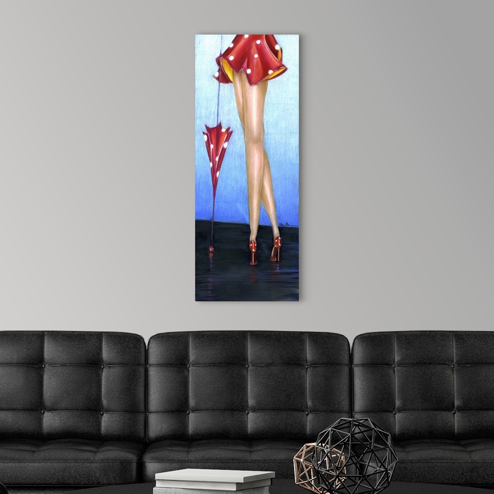 A modern room featuring A long vertical painting of a female's long legs in red heels with an umbrella.