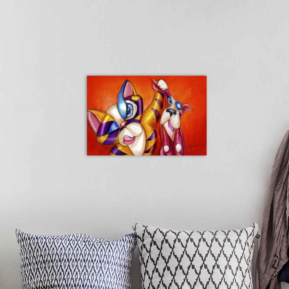 A bohemian room featuring Contemporary artwork in the style of cubism of a cat holding out a dog costume in bold colors.