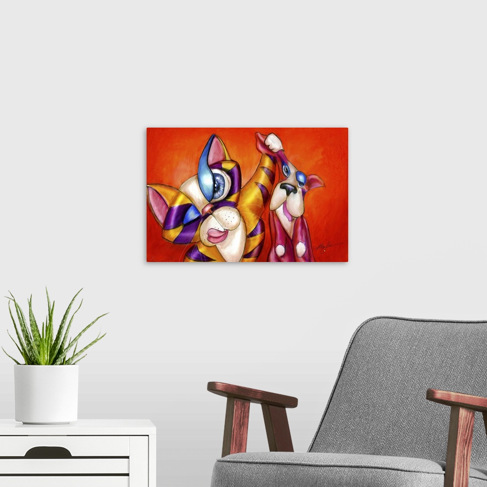 A modern room featuring Contemporary artwork in the style of cubism of a cat holding out a dog costume in bold colors.