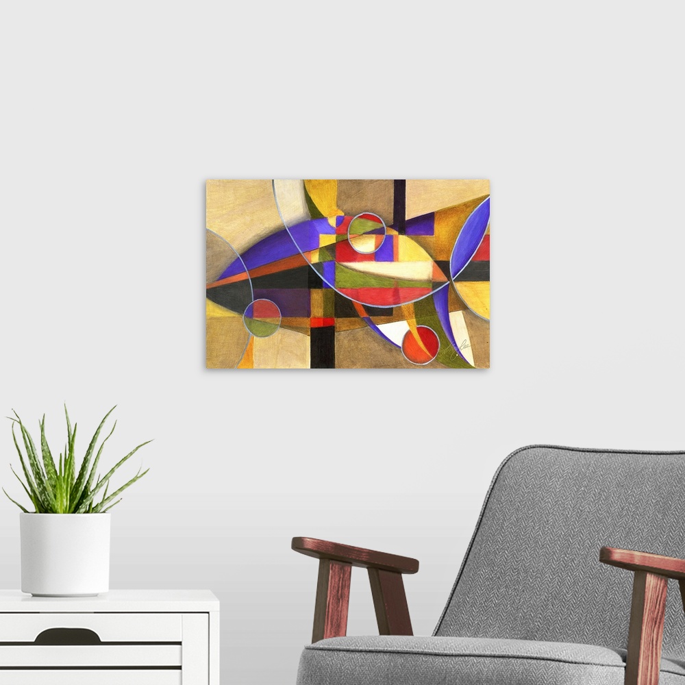 A modern room featuring Horizontal abstract painting of vibrant colored shapes in circles and triangles.