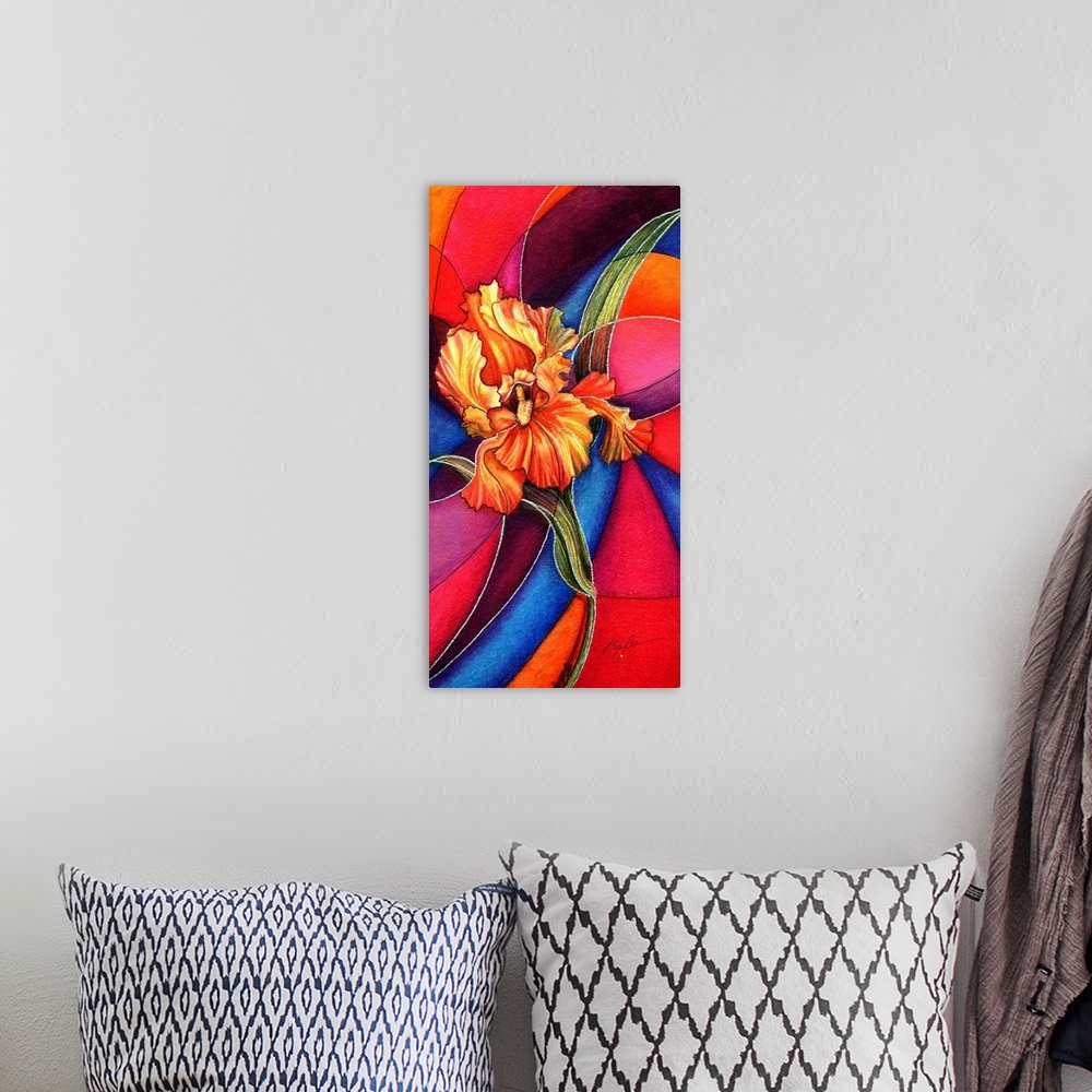 A bohemian room featuring A painting of an orange iris against a vibrant colored background in the style of stain glass.