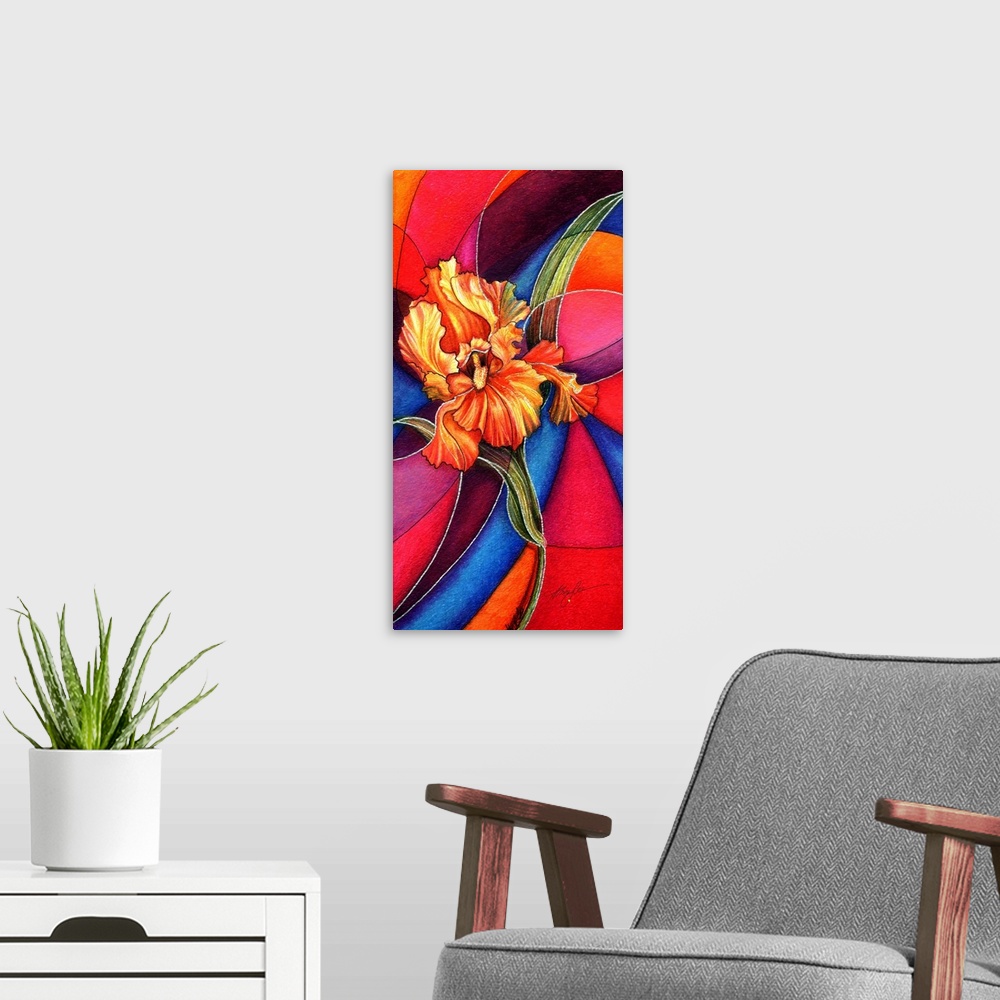 A modern room featuring A painting of an orange iris against a vibrant colored background in the style of stain glass.