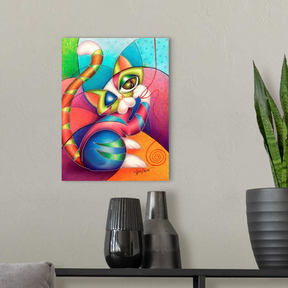 A modern room featuring Contemporary artwork in the style of cubism of a cat with yarn in bold colors.