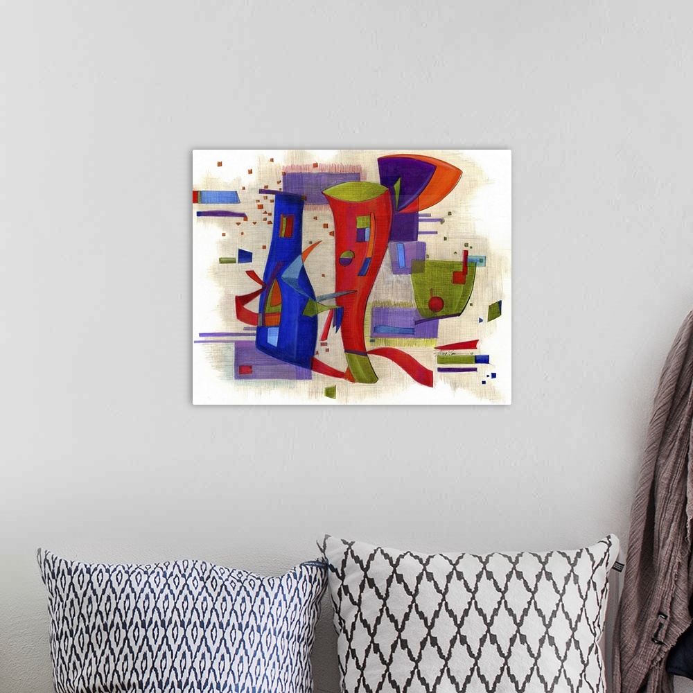 A bohemian room featuring Horizontal abstract painting of vibrant colored shapes in circles and rectangles.