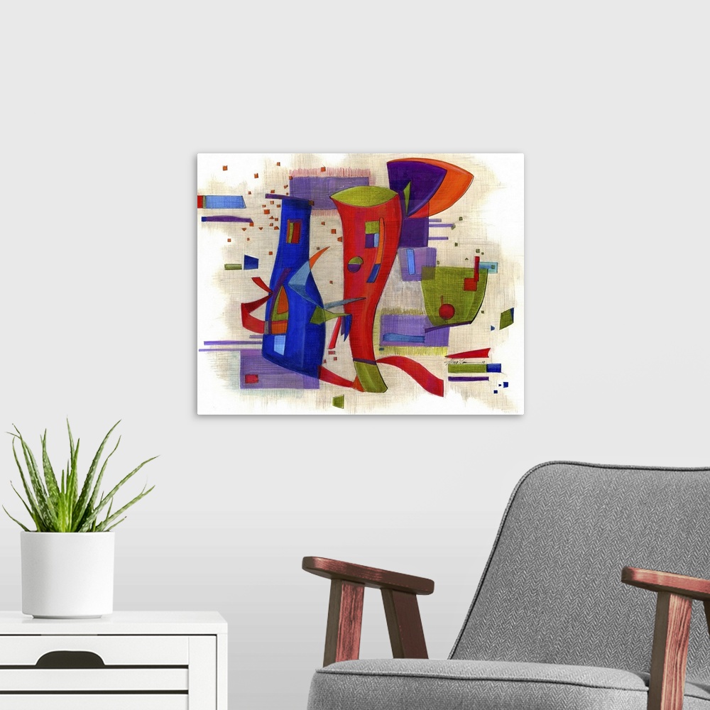 A modern room featuring Horizontal abstract painting of vibrant colored shapes in circles and rectangles.