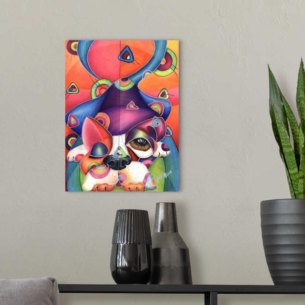A modern room featuring Contemporary artwork in the style of cubism of a dog laying in bold colors.