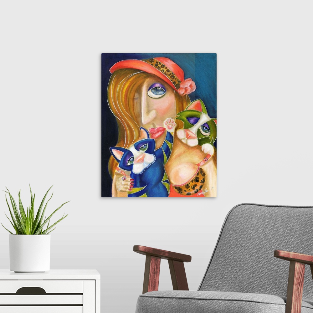 A modern room featuring Contemporary artwork in the style of cubism of a woman with two cats in bold colors.