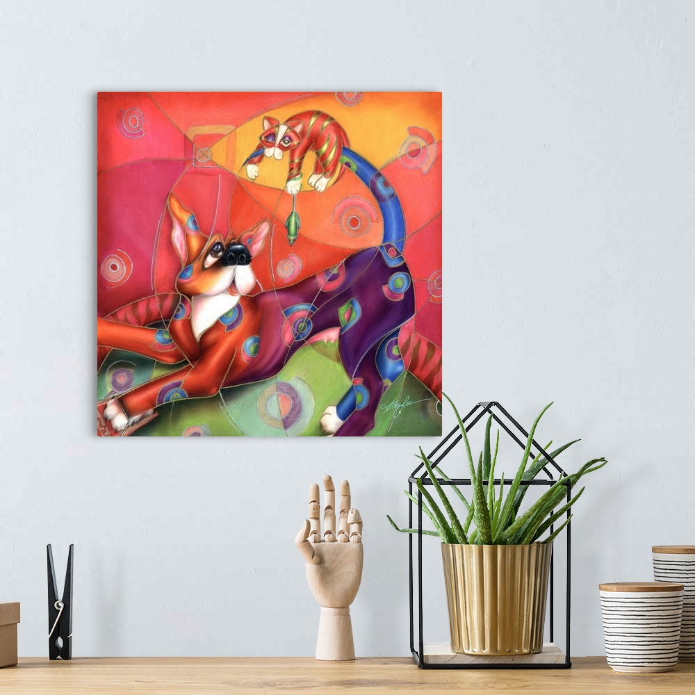 A bohemian room featuring Contemporary artwork in the style of cubism of a dog with a cat on his tail in bold colors.