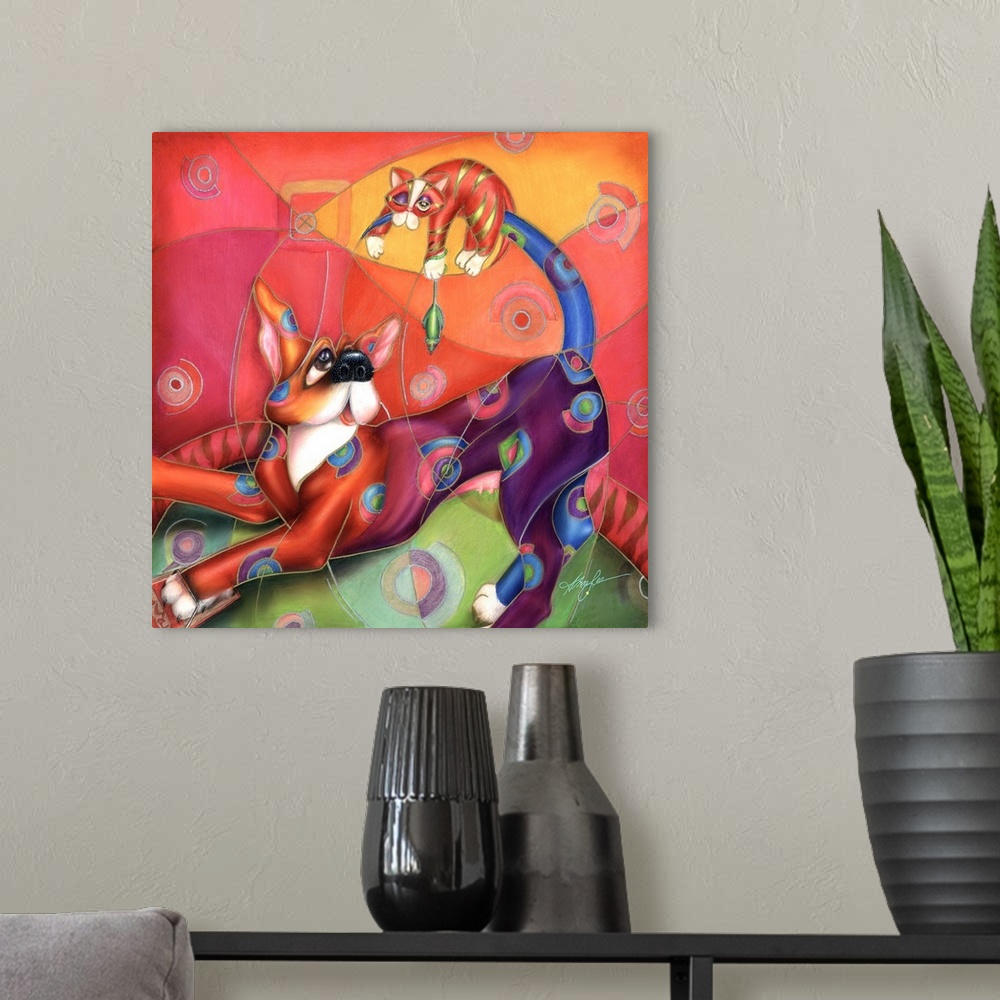 A modern room featuring Contemporary artwork in the style of cubism of a dog with a cat on his tail in bold colors.