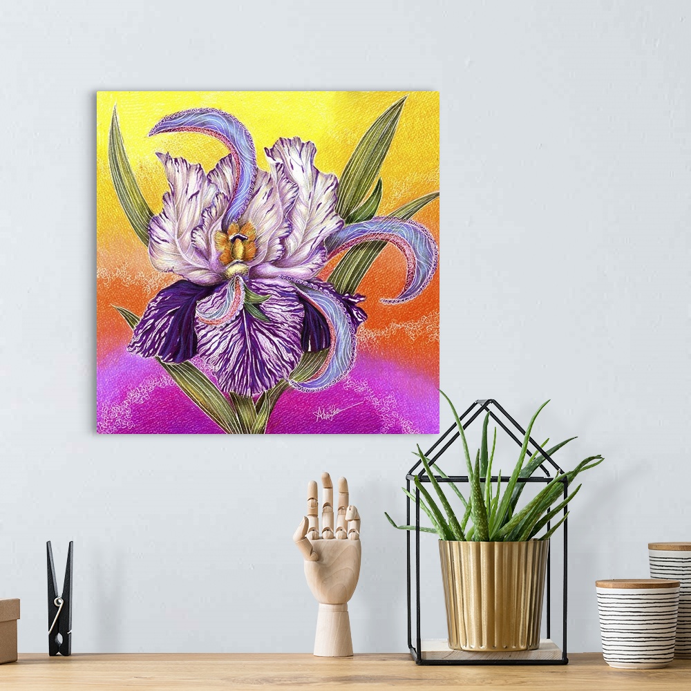 A bohemian room featuring A painting of a purple iris against a vibrant colored background.